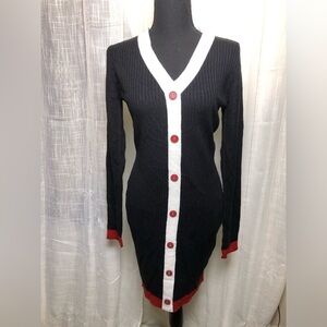 VENUS Black and White Button Down Sweater Dress with Red Accents